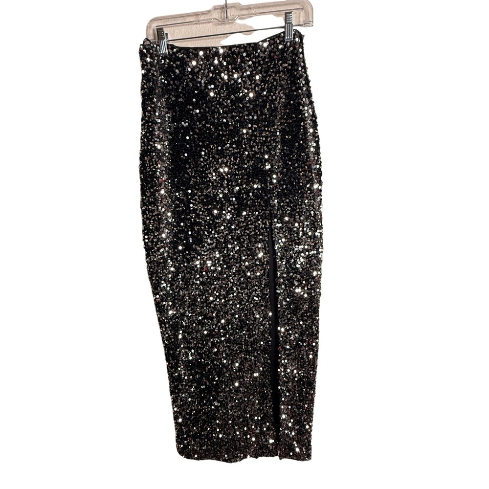 Showpo Women 6 Olivera Black Sequin Thigh Split High Waist Party Midi Skirt
